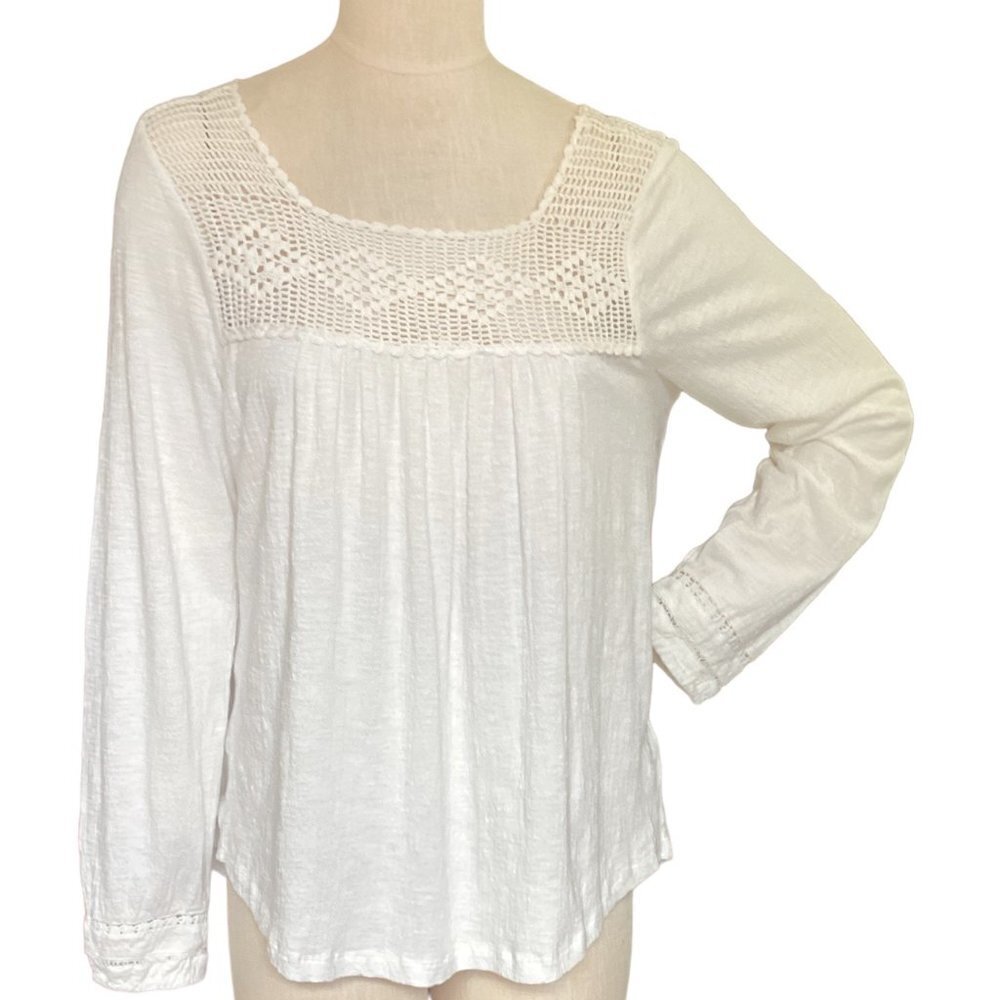 Soft Surroundings Long Sleeve‎ Crochet Accent Top S Ivory/Off White 149F